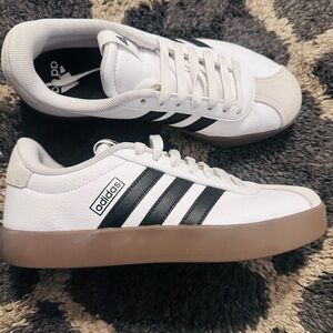 Adidas Men's White and Black Sneakers with Tan Sole